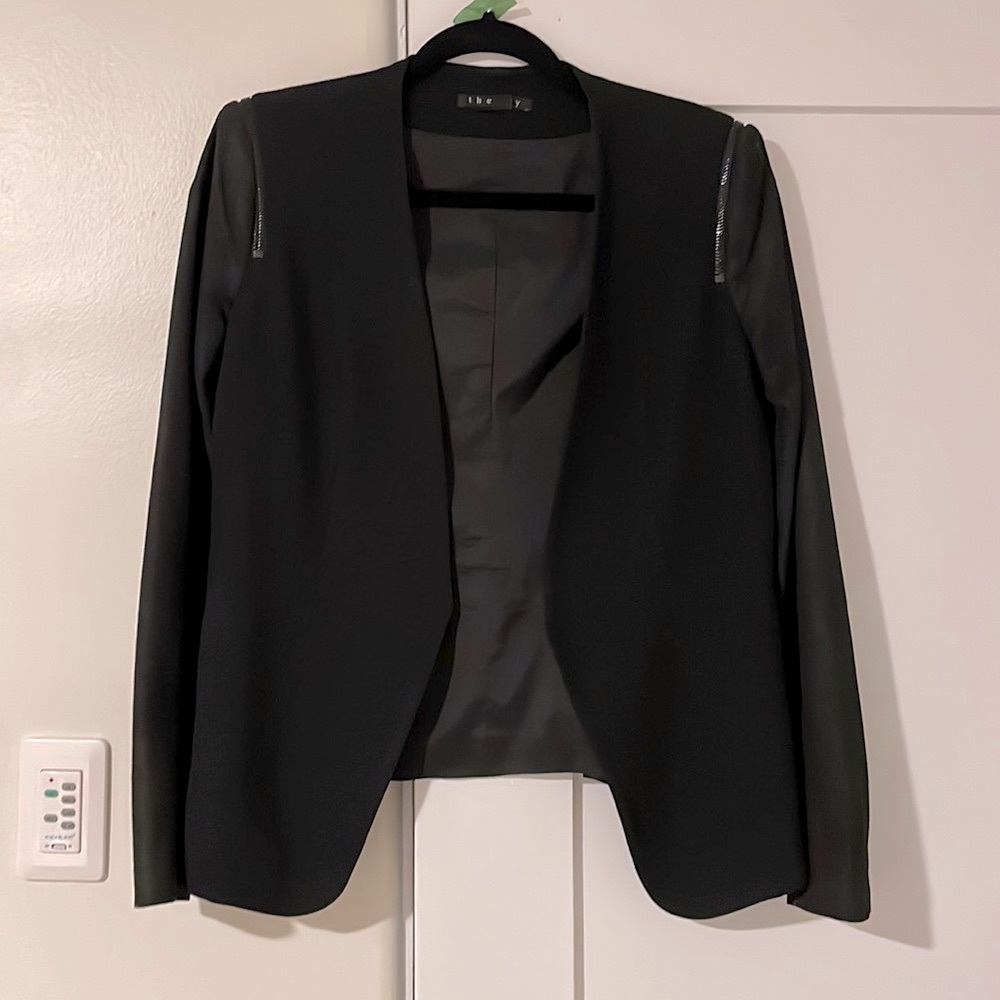 Beautiful Black Theory Blazer with Leather Sleeves and Zipper Detailing